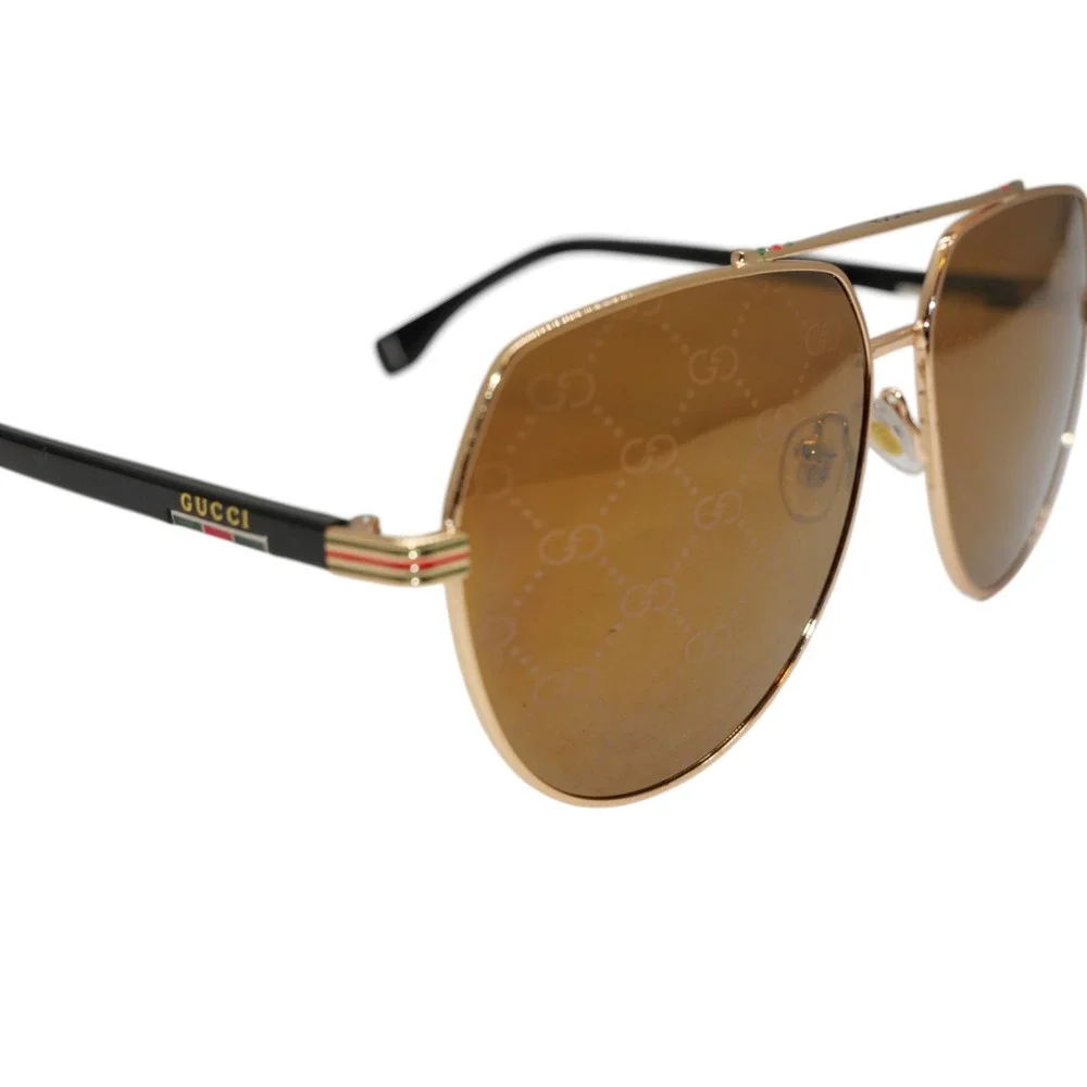 Gucci GG105 Sunglasses 59-15-132 Gold Aviator Brown GG Logo Lens Black Temple